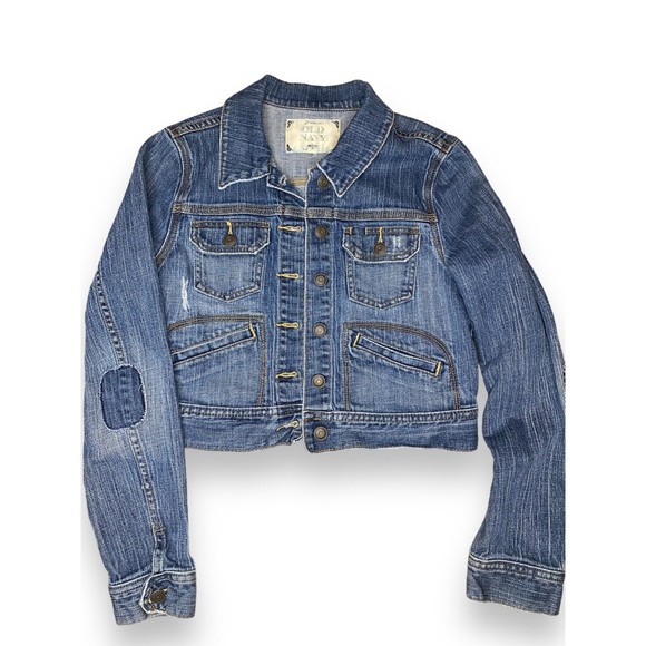 Old Navy Distressed Cropped Denim Jacket with back sequin Earth Jupiter Design - Picture 2 of 6